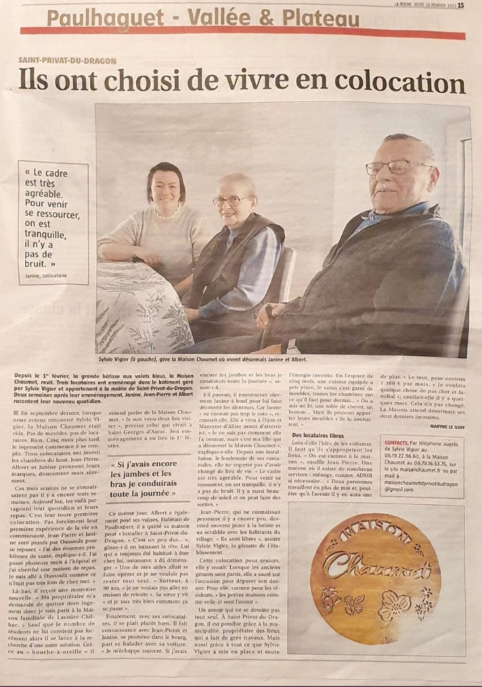 La Maison Chaumet mise à l'honneur dans un article consacré à la colocation senior et au témoignage de ses colocataires.